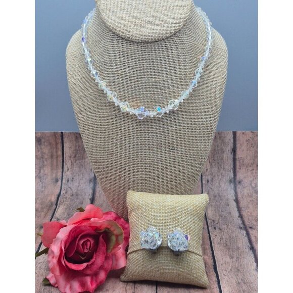 Vintage AB Crystal Collar Necklace & Clip On Cluster Earrings Set Arora Borealis - Picture 3 of 11